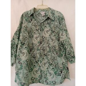 Bon Worth Paisley Print Button Up Shirt Blouse Top Green Black White SP